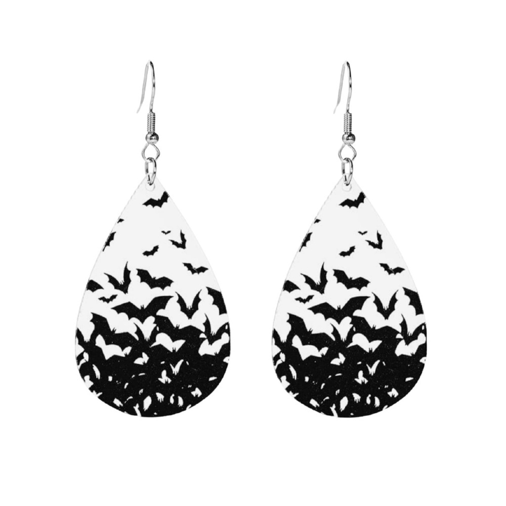 Halloween Bat Teardrop Earrings – Lightweight Black & White Faux Leather Dangles